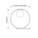Line drawing of the Brackstead Table Lamp in brushed silver with circular frame, rectangular base, and opal glass sphere, 32.2cm H x 32.3cm W x 11cm D.