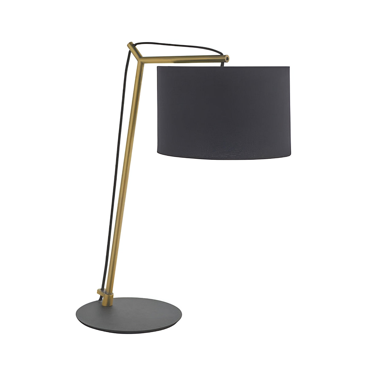Endon Carlfield cantilevered table lamp with matt brass arm, black cotton drum shade, and matt black round base on a plain background.