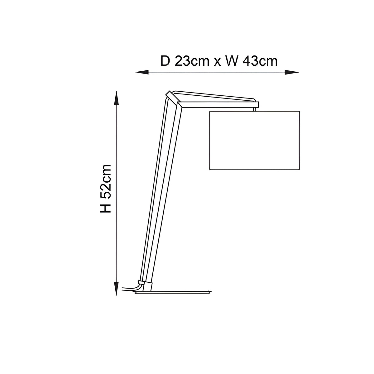 Dimension diagram of the Endon Carlfield cantilevered table lamp showing 52cm height, 43cm width and 23cm depth on a plain background.