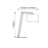 Dimension diagram of the Endon Carlfield cantilevered table lamp showing 52cm height, 43cm width and 23cm depth on a plain background.
