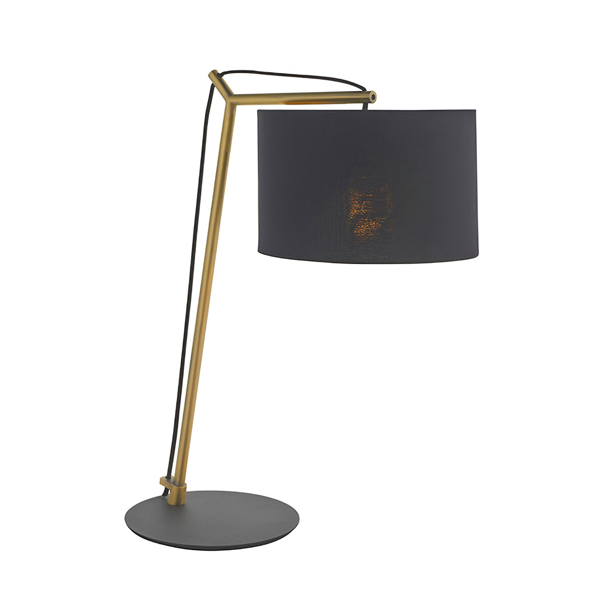 Endon Carlfield cantilevered table lamp with matt brass arm, black cotton drum shade and matt black round base, shown on a plain background.