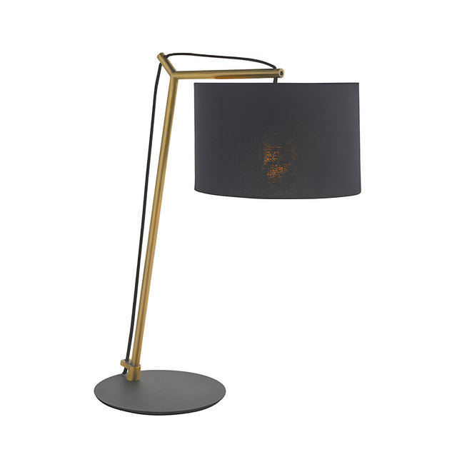 Endon Carlfield cantilevered table lamp with matt brass arm, black cotton drum shade and matt black round base, shown on a plain background.