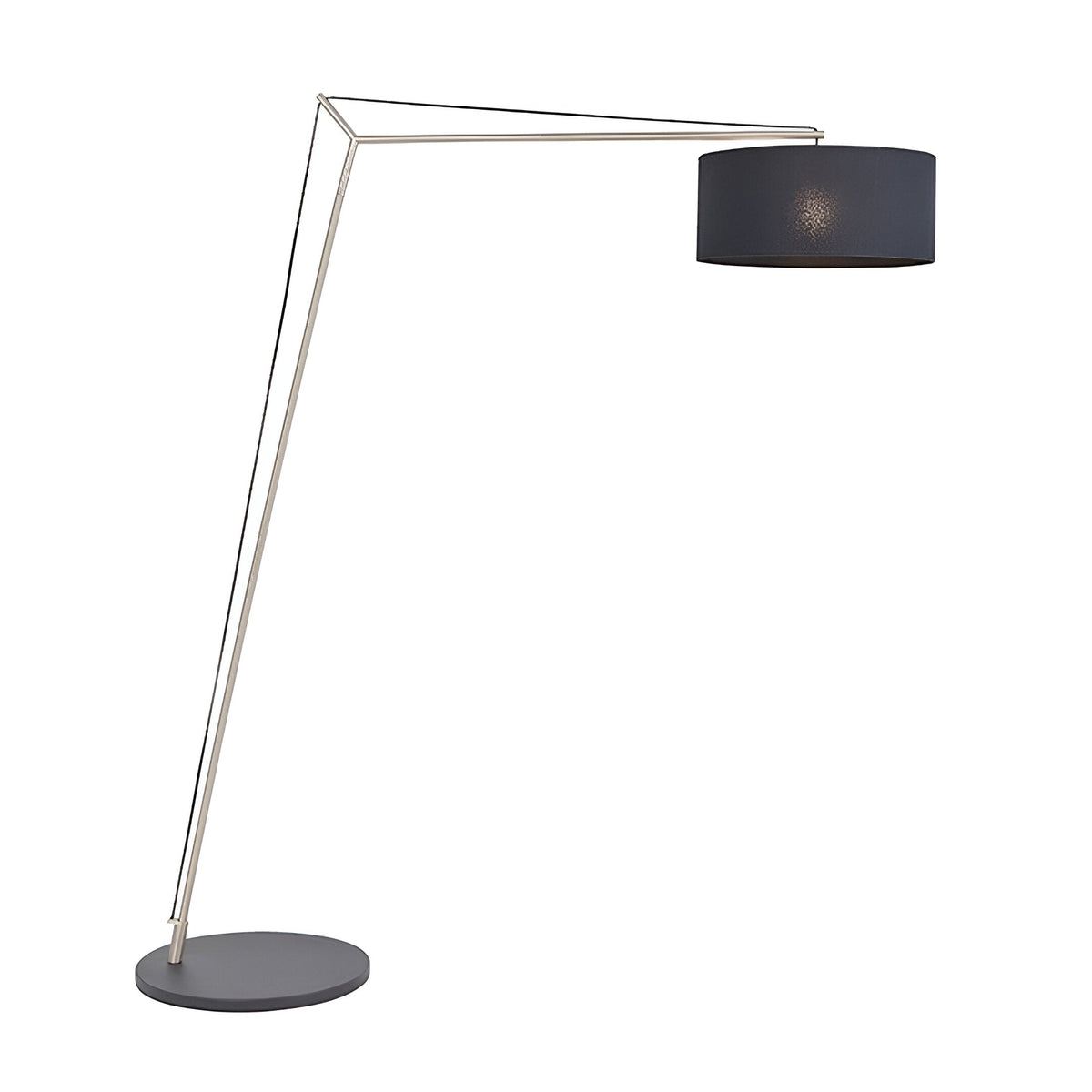 Carlfield Floor Lamp in matt nickel with a cantilevered arm, black round base, and black cotton drum shade, shown on a plain white background.