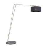Carlfield Floor Lamp in matt nickel with a cantilevered arm, black round base, and black cotton drum shade, shown on a plain white background.