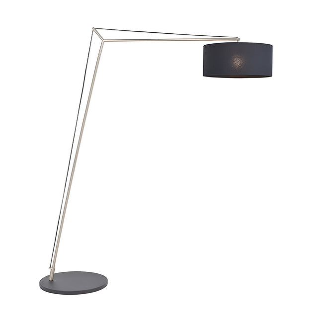 Carlfield Floor Lamp in matt nickel with a cantilevered arm, black round base, and black cotton drum shade, shown on a plain white background.
