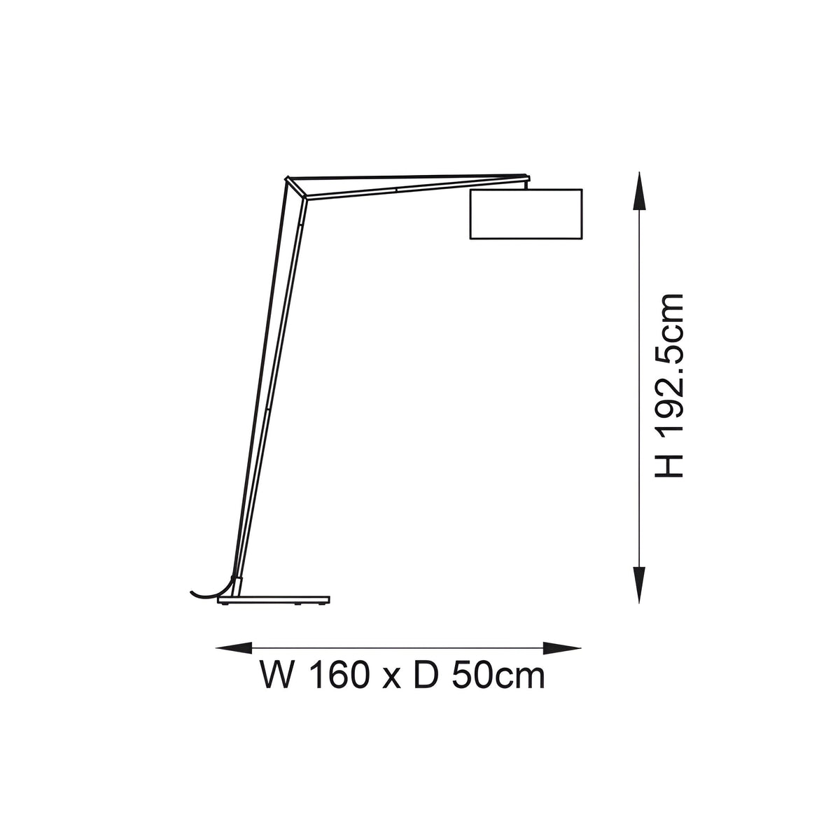Line drawing of the Carlfield Floor Lamp in nickel showing dimensions: 192.5cm height, 160cm width, 50cm depth, with rectangular shade and angled stem.