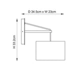 Technical line drawing of the Carlfield Wall Light in nickel, showing a cantilevered arm with rectangular fabric shade, sized H 33.2cm x D 34.5cm x W 23cm.