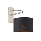 Carlfield Wall Light in matt nickel with a rectangular backplate, cantilevered arm, and black fabric drum shade, shown on a plain white background.