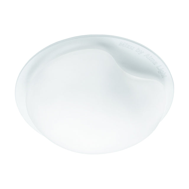 Ulmorne round flush wall and ceiling light with a white opal glass diffuser featuring a soft water-drop shape and single indent, shown on a plain white background.