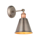 Endon Brackley industrial wall light with adjustable conical shade, aged pewter and antique copper finish, toggle switch, and E27 fitting on a white background.