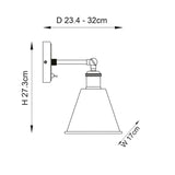 Dimension diagram of the Endon Brackley wall light showing height 27.3cm, width 17cm and adjustable projection 23.4–32cm on a white background.