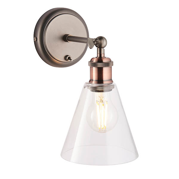 Brackley Glass Wall Light in pewter and copper, cone-shaped clear glass shade, adjustable head with round wall backplate, E27 bulb, on a white background.
