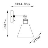 Technical line drawing of the Brackley industrial wall light with cone glass shade, showing 26.7cm height, 17cm width, 23.4-32cm adjustable projection.