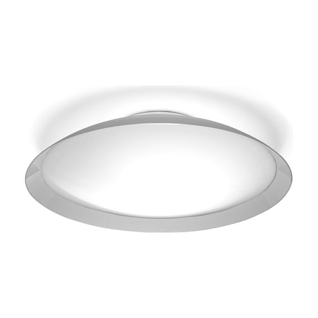 Lens LED Flush Ceiling Light in white, a round iron and acrylic fixture with a domed diffuser and flared rim, shown on a plain background with a soft ceiling glow.