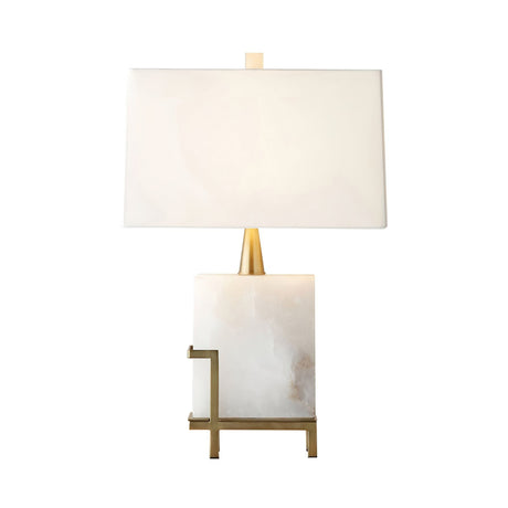 The Lumenis 1 Light Alabaster Table Lamp features a brass and soft white finish, a sleek rectangular lampshade, a square marble base, and elegant gold accents for sophisticated modern lighting.