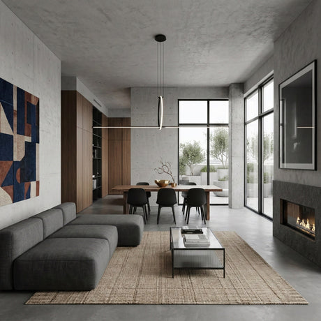 A modern living and dining area with gray minimalist furniture, a low sofa, glass coffee table, large windows, wall fireplace, abstract art, an outdoor view with greenery, and the Minimo LED Bar Circle Linear Suspension Light in black.