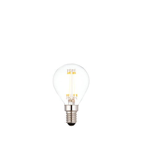 Endon 4W E14 LED golf filament bulb, dimmable warm white, with clear glass and visible filaments above a small screw metal base, on a white background.