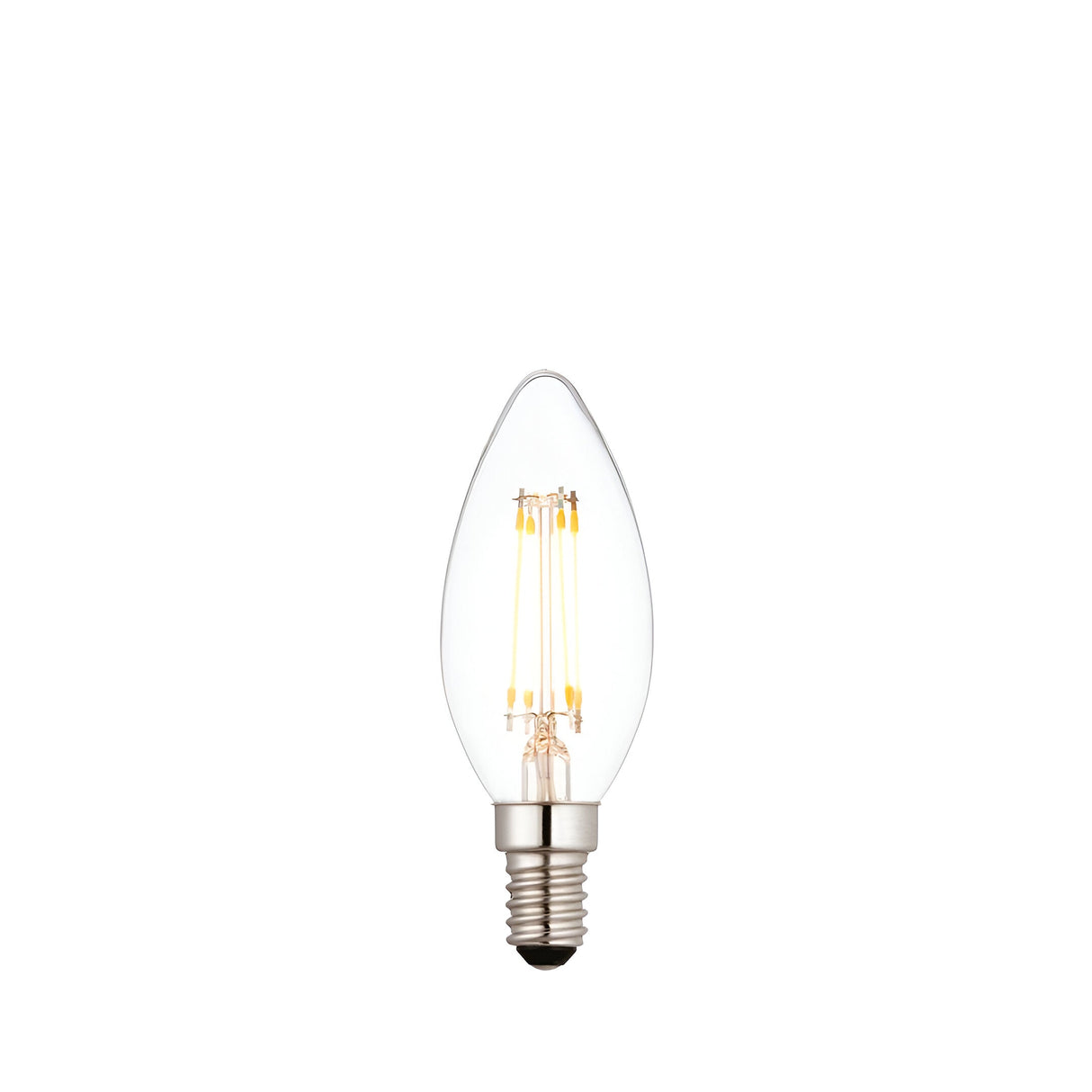 4W E14 LED filament candle bulb with clear glass, visible warm white filaments and small screw cap base, shown on a plain white background.