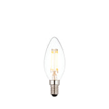 4W E14 LED filament candle bulb with clear glass, visible warm white filaments and small screw cap base, shown on a plain white background.