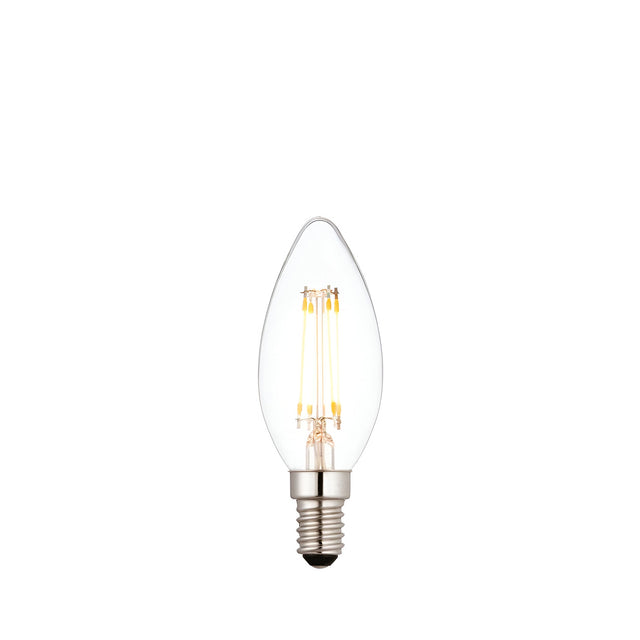 4W E14 LED filament candle bulb with clear glass, visible warm white filaments and small screw cap base, shown on a plain white background.