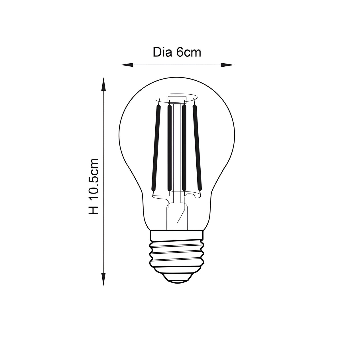 Dimensioned line drawing of the Endon 6W E27 LED filament GLS bulb, showing 6cm diameter and 10.5cm height on a plain white background.
