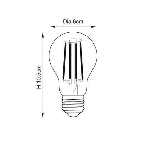 Dimensioned line drawing of the Endon 6W E27 LED filament GLS bulb, showing 6cm diameter and 10.5cm height on a plain white background.