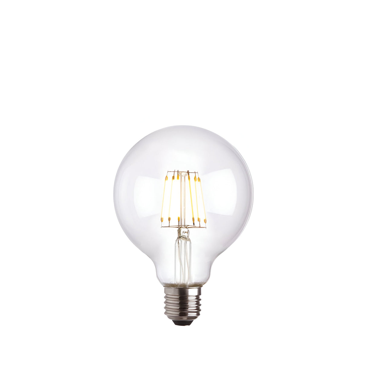 Endon 6W E27 LED filament globe bulb with clear glass and visible warm-toned filament above a metal screw cap, shown on a plain white background.