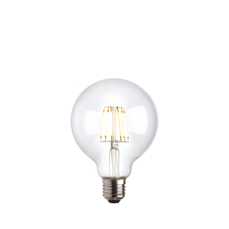 Endon 6W E27 LED filament globe bulb with clear glass and visible warm-toned filament above a metal screw cap, shown on a plain white background.