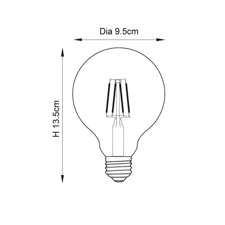 Dimensioned line drawing of the Endon 6W E27 LED filament globe bulb showing 9.5cm diameter and 13.5cm height with screw cap base.