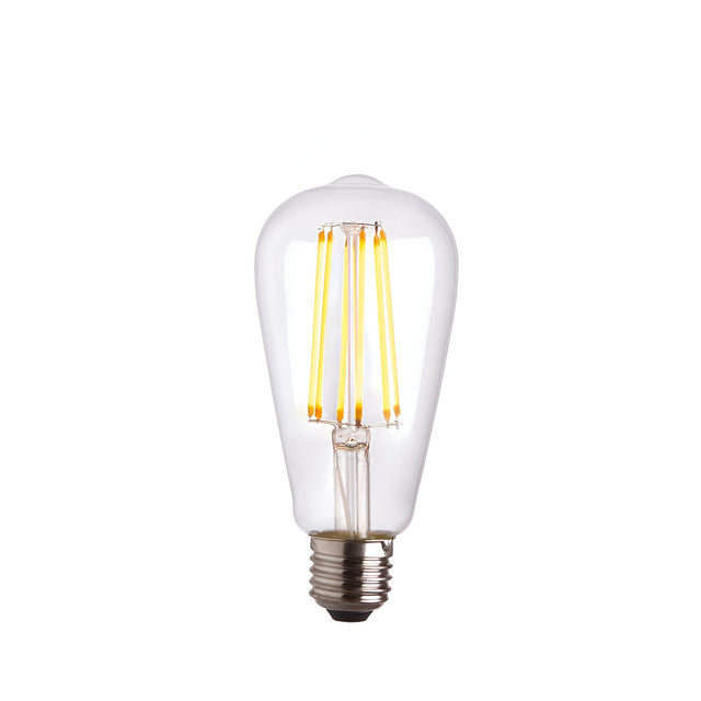 6W E27 LED filament pear bulb with clear glass showing warm white vertical filaments and a screw cap base, shown on a plain white background.