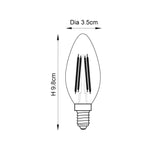 Endon 4W E14 LED filament candle bulb technical diagram showing 9.8cm height and 3.5cm diameter measurements on a plain white background.