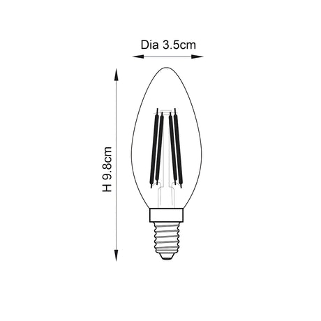 Endon 4W E14 LED filament candle bulb technical diagram showing 9.8cm height and 3.5cm diameter measurements on a plain white background.