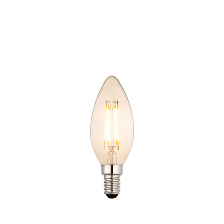 Endon 4W E14 LED filament candle bulb with amber tinted glass and silver screw cap, shown on a plain white background.