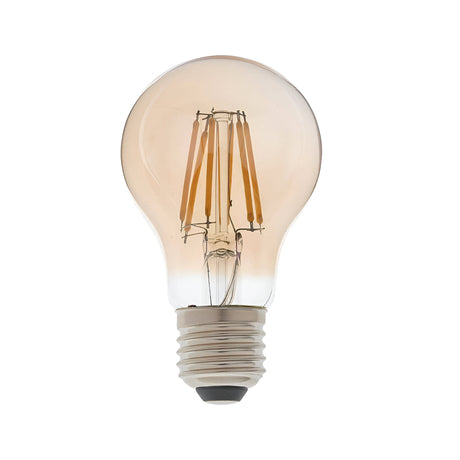 Endon 6W E27 amber GLS LED filament bulb, dimmable warm white, with tinted glass and metal screw cap, shown on a plain white background.