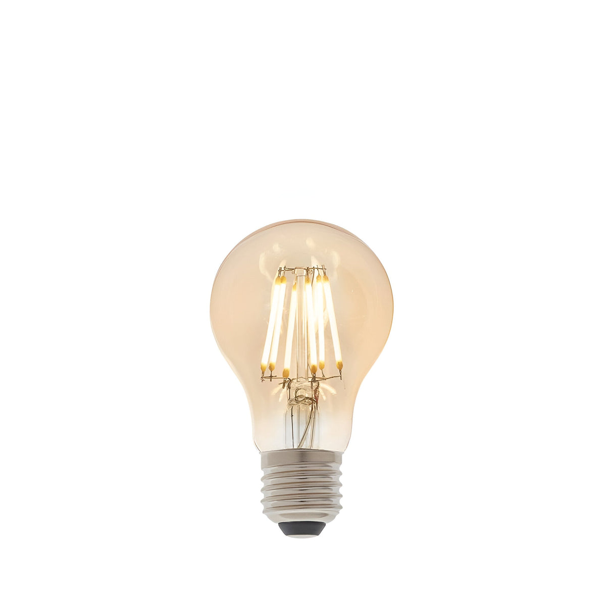 Endon 6W E27 LED filament GLS bulb with amber tinted glass and visible warm white filaments above a screw cap base, shown on a plain white background.