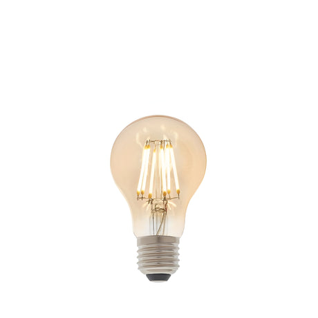 Endon 6W E27 LED filament GLS bulb with amber tinted glass and visible warm white filaments above a screw cap base, shown on a plain white background.