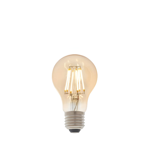 Endon 6W E27 LED filament GLS bulb with amber tinted glass and visible warm white filaments above a screw cap base, shown on a plain white background.