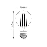 Technical dimension diagram of the Endon 6W E27 LED filament GLS bulb, showing 6cm diameter and 10.5cm height with screw cap base.