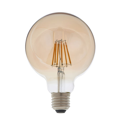 Endon 6W E27 LED filament globe bulb with amber tinted glass and visible warm white filaments above a metal screw cap, shown on a plain white background.