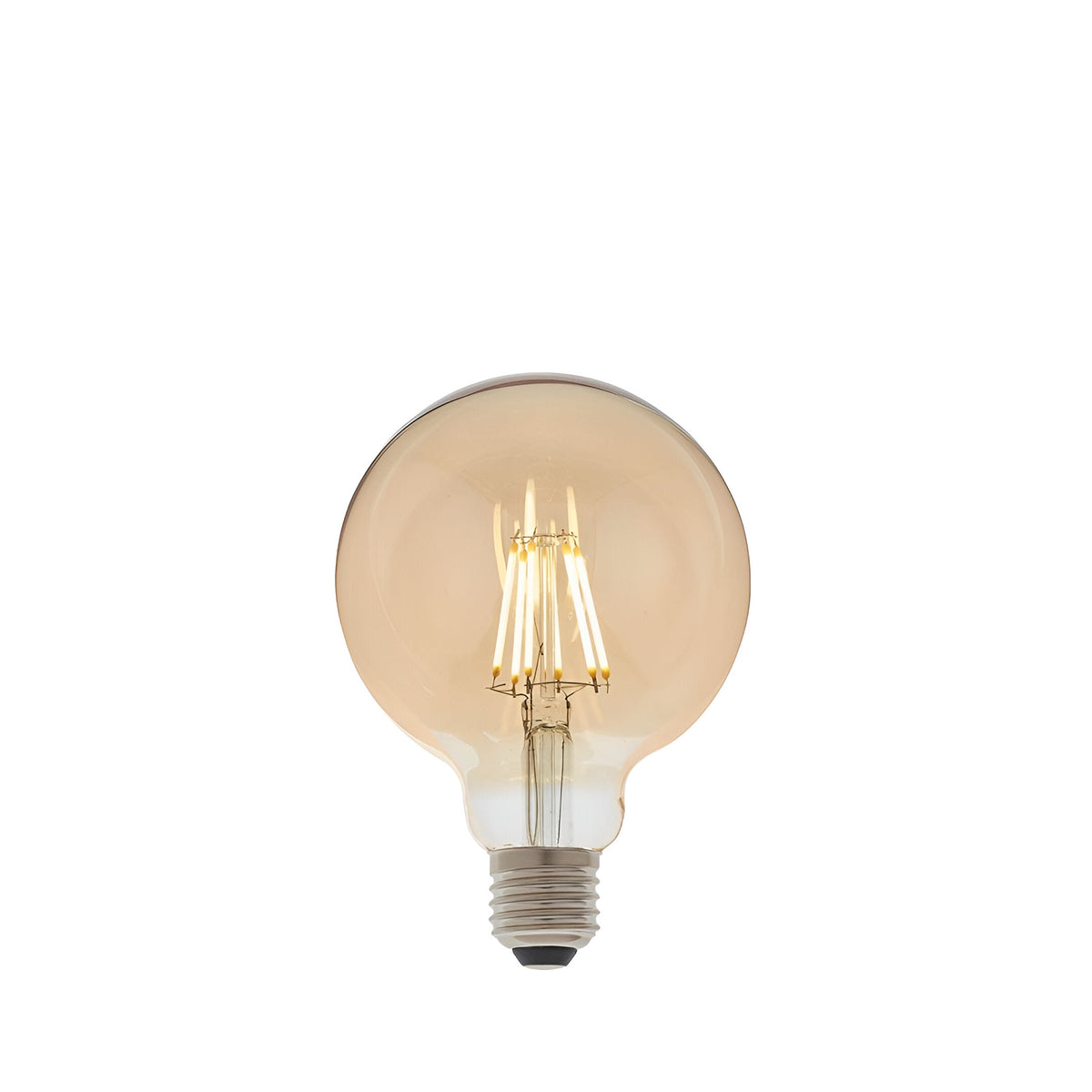 Endon 6W E27 LED filament globe bulb with amber tinted glass and visible warm white filaments above a metal screw cap, shown on a plain white background.