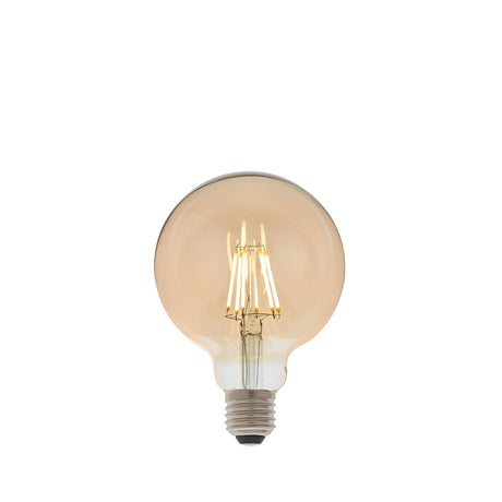 Endon 6W E27 LED filament globe bulb with amber tinted glass and visible warm white filaments above a metal screw cap, shown on a plain white background.