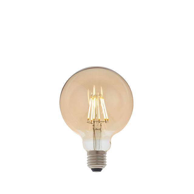 Endon 6W E27 LED filament globe bulb with amber tinted glass and visible warm white filaments above a metal screw cap, shown on a plain white background.