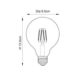 Dimensioned line drawing of the Endon 6W E27 LED filament globe bulb showing a 9.5cm diameter globe and 13.5cm overall height.