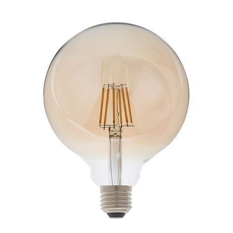 Endon 6W E27 LED filament globe bulb with amber tinted 125mm glass and visible vintage-style filament above a screw cap, shown on a white background.