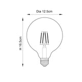 Endon 6W E27 LED filament globe bulb dimensions diagram showing 12.5cm diameter and 16.5cm height with visible filament and screw cap.