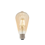 6W E27 LED filament pear bulb with amber tinted glass and visible filaments, warm white dimmable light, on a plain white background.