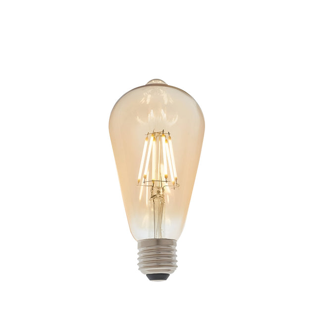 6W E27 LED filament pear bulb with amber tinted glass and visible filaments, warm white dimmable light, on a plain white background.