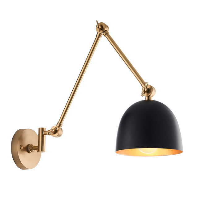 Caldhurst Wall Light with adjustable brass arm and knuckle joints, matt black dome shade with brass-lined interior, on a plain white background.