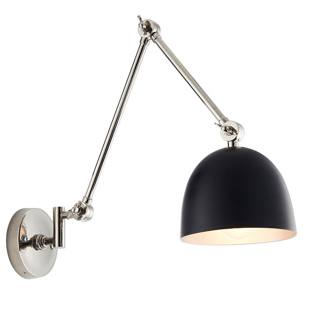 Endon Caldhurst adjustable wall light with polished nickel articulated arm, knurled brass detail and matt black dome shade, on a white background.