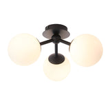 Endon Marden 3 light semi-flush bathroom ceiling light with three opal glass globes on matt black arms and round ceiling plate.